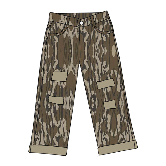 (Pre-order)P0373 Brown Camo Denim Hole Jeans Kids Pants
