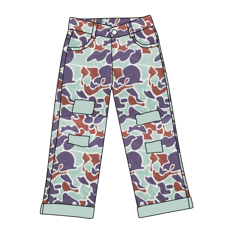 (Pre-order)P0374 Green Camo Denim Hole Jeans Kids Pants