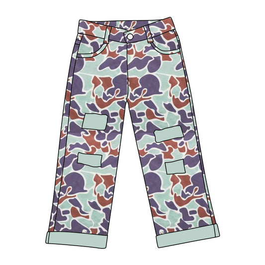 (Pre-order)P0374 Green Camo Denim Hole Jeans Kids Pants