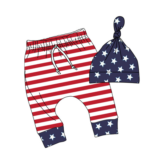 (Pre-order) P0377 Red Stripes Star Print Pants With Baby Hat Boys 4th Of July Clothes