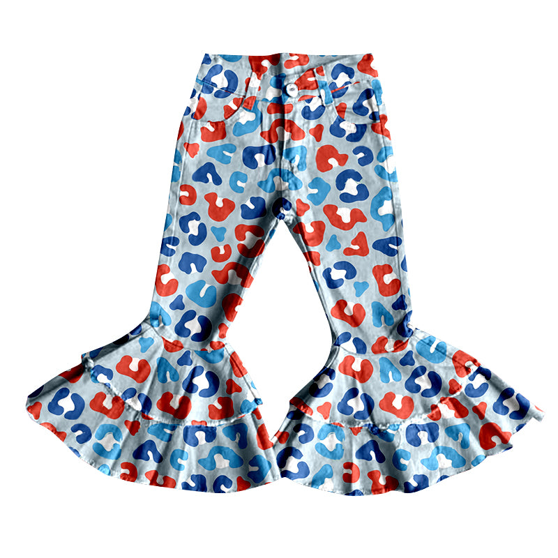 (Pre-order)P0394 Blue Red Leopard Denim 4th of July Jeans Girls Pants