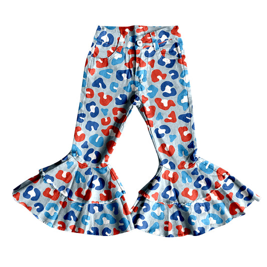 (Pre-order)P0394 Blue Red Leopard Denim 4th of July Jeans Girls Pants