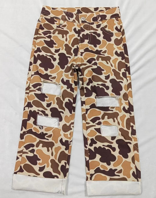 (Pre-order)P0411 Brown Camo Denim Hole Jeans Kids Pants