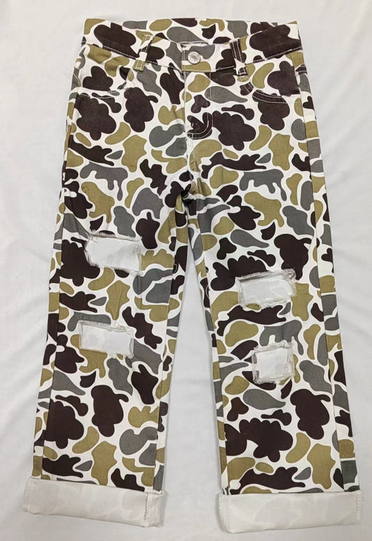 (Pre-order)P0412 Grey Camo Denim Hole Jeans Kids Pants