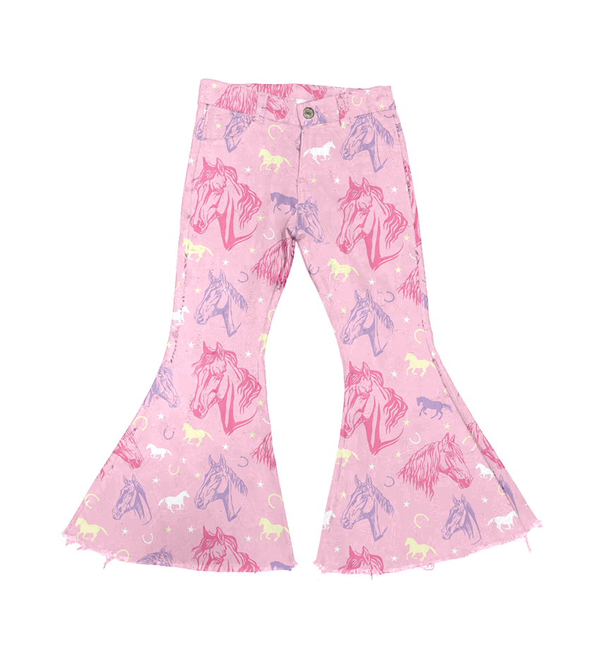 (Pre-order) P0431 Pink Horse Denim Bell Bottom Jeans Girls Western Pants