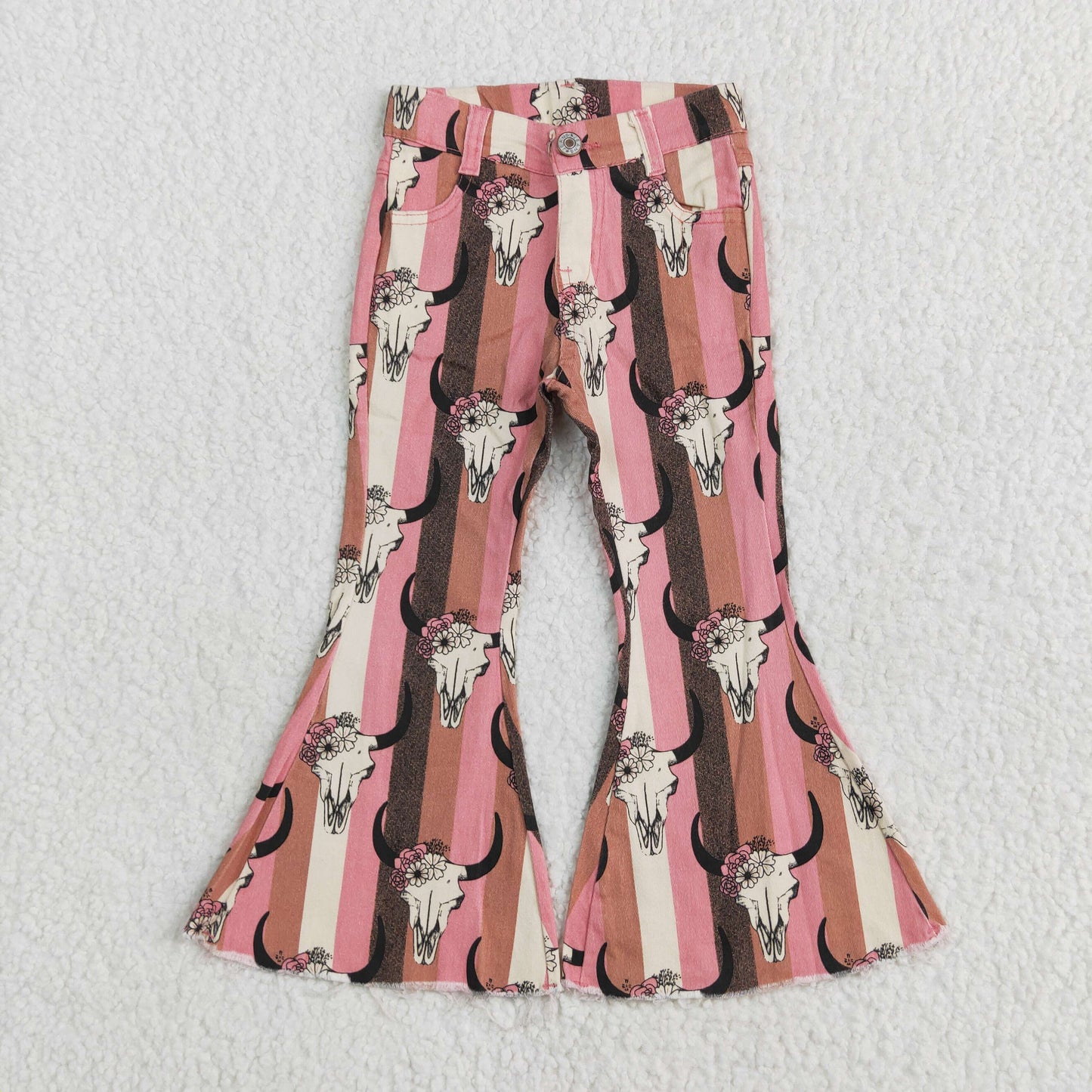 P0437 Cow Skull Flowers Denim Bell Bottom Jeans Girls Western Pants