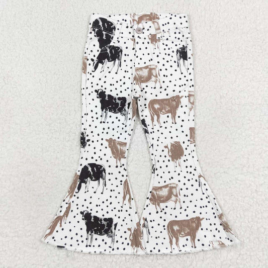 P0452 Cow Print Denim Bell Bottom Jeans Girls Western Pants