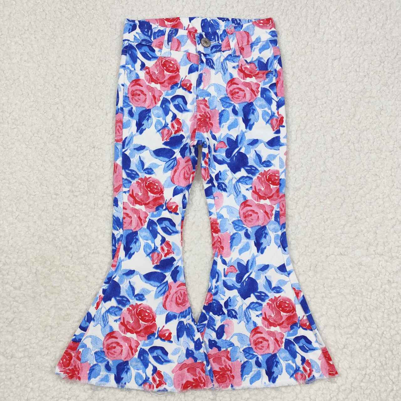 P0466 Blue Flowers Denim Bell Bottom Jeans Girls 4th of July Pants