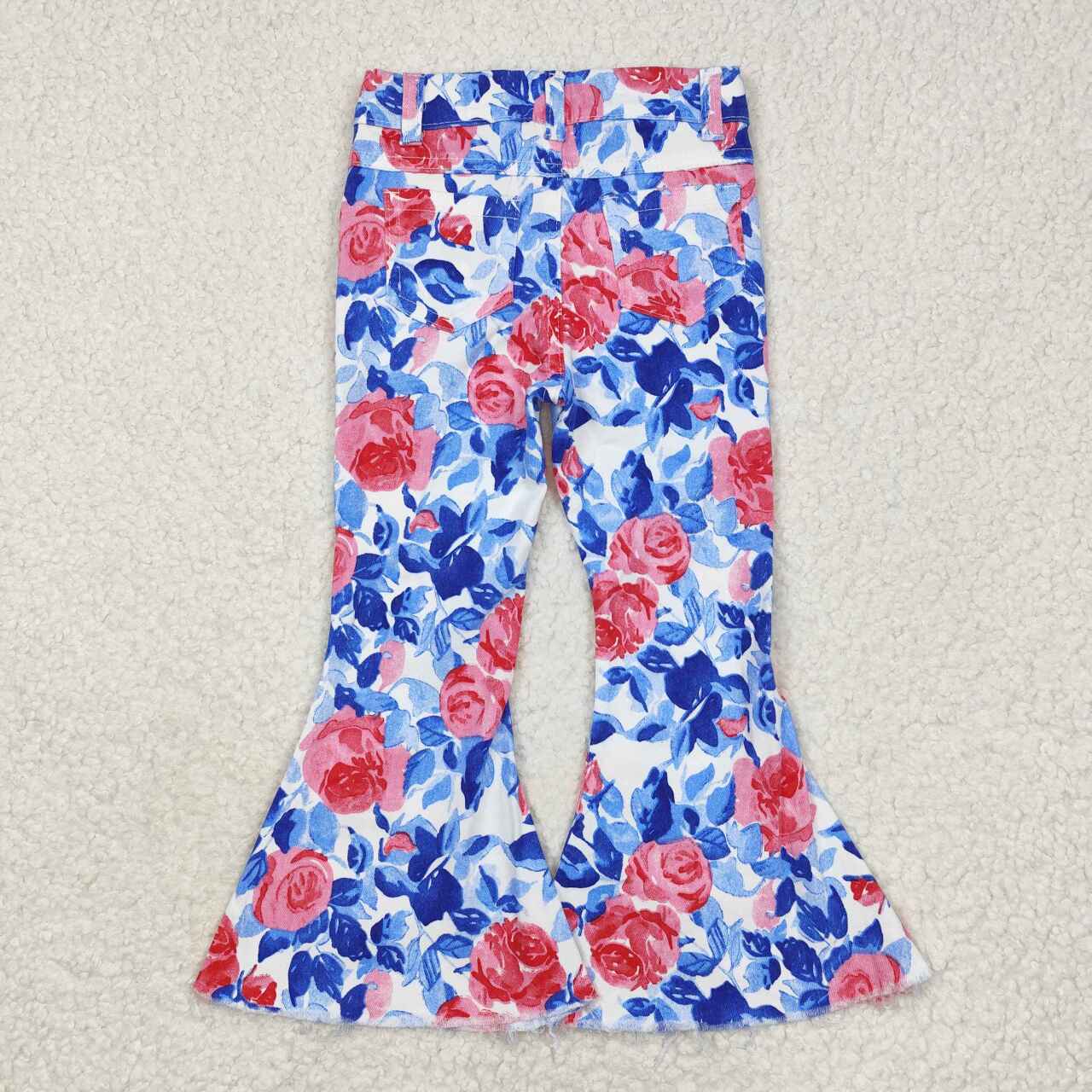 P0466 Blue Flowers Denim Bell Bottom Jeans Girls 4th of July Pants