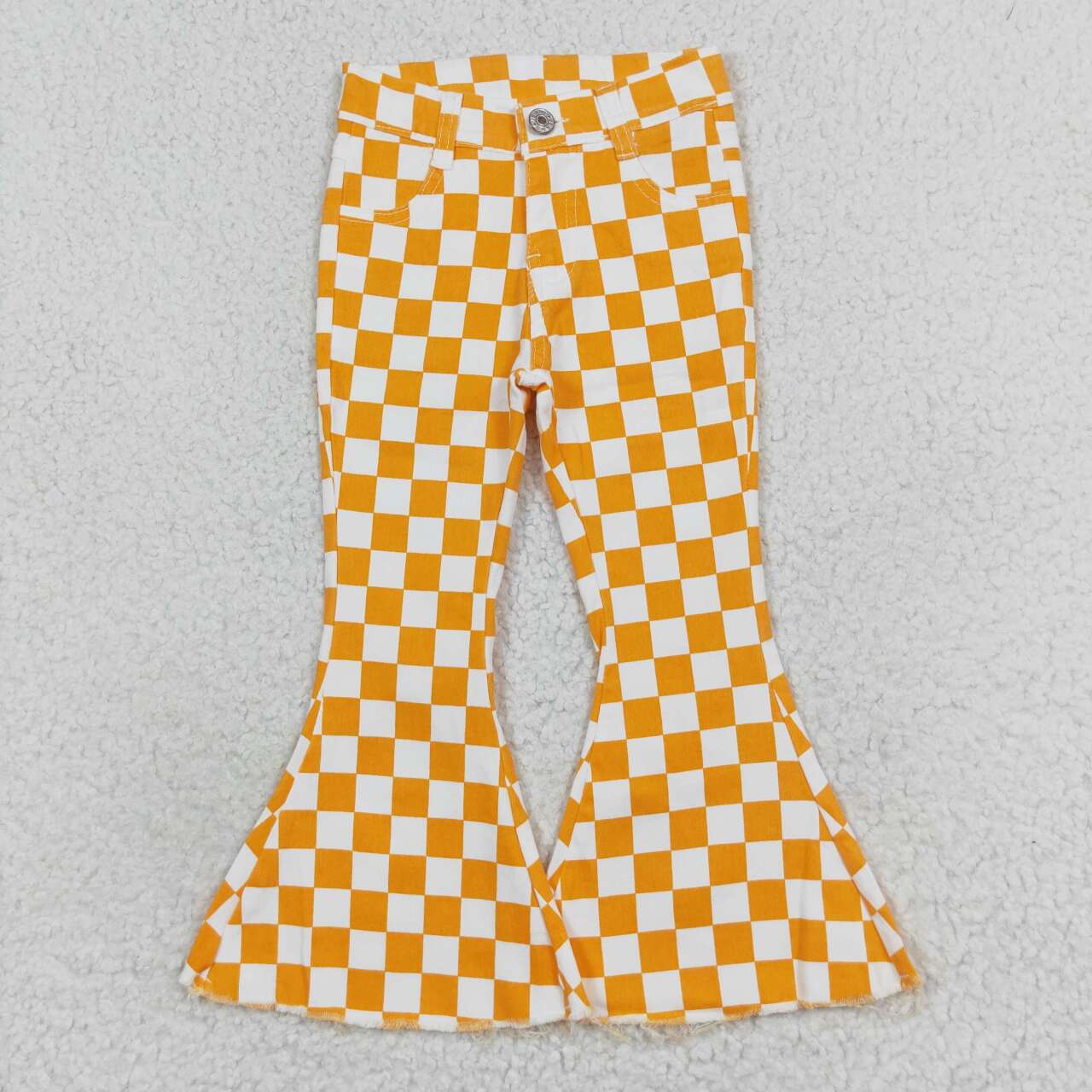 P0468 Orange Plaid Denim Bell Bottom Jeans Girls Fall Pants