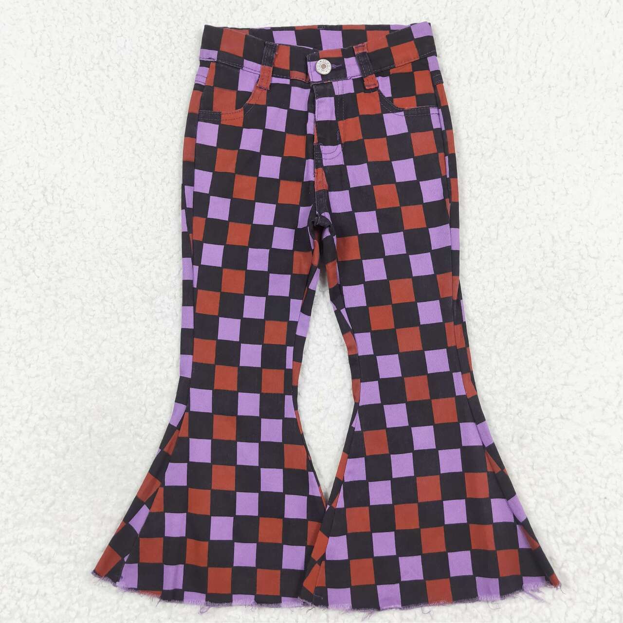 P0471 Purple Plaid Denim Bell Bottom Jeans Girls Halloween Pants