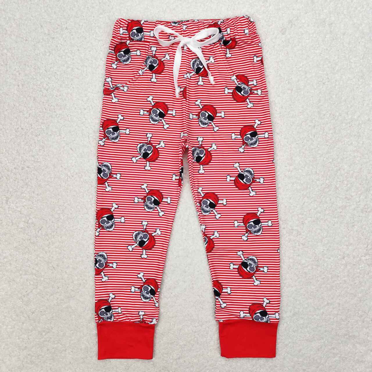 P0479 Skull Red Stripes Print Kids Halloween Pants