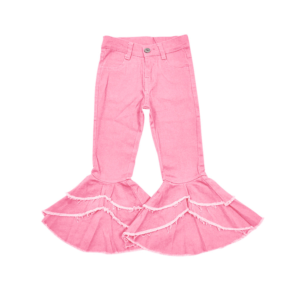 (Pre-order)P0725   Pink Denim Ruffles Bell Bottom Jeans Girls Pants