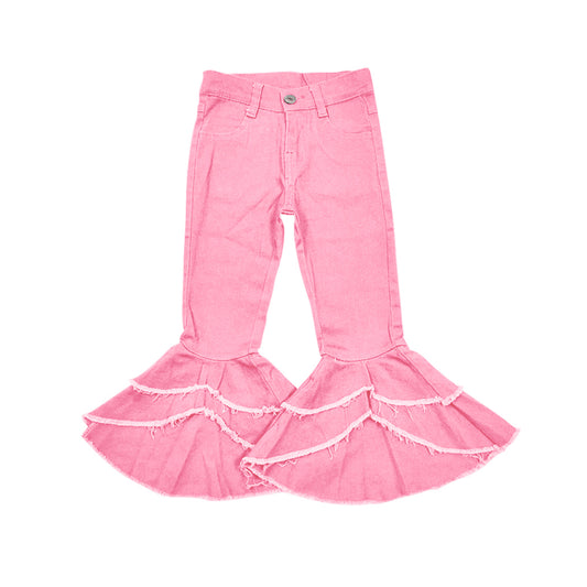 (Pre-order)P0725   Pink Denim Ruffles Bell Bottom Jeans Girls Pants