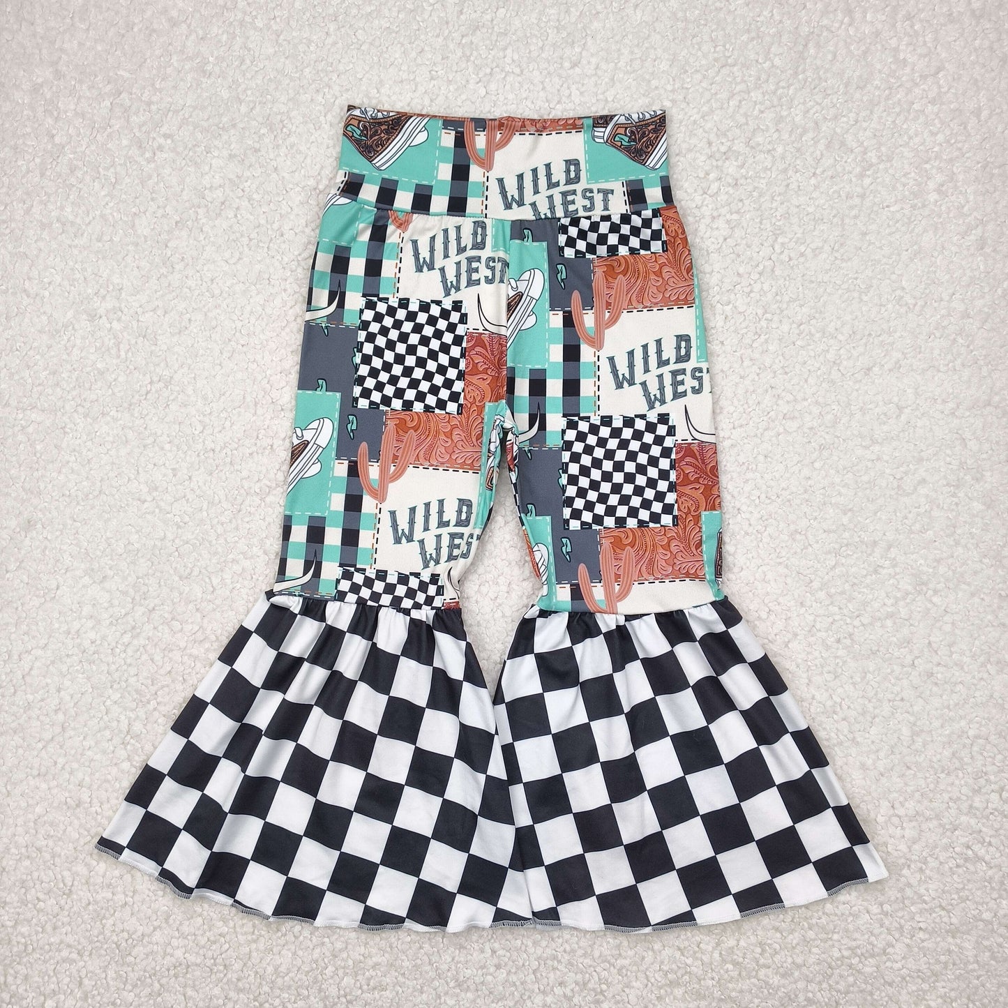 P0751 WILD WEST Plaid Print Girls Bell Bottom Pants