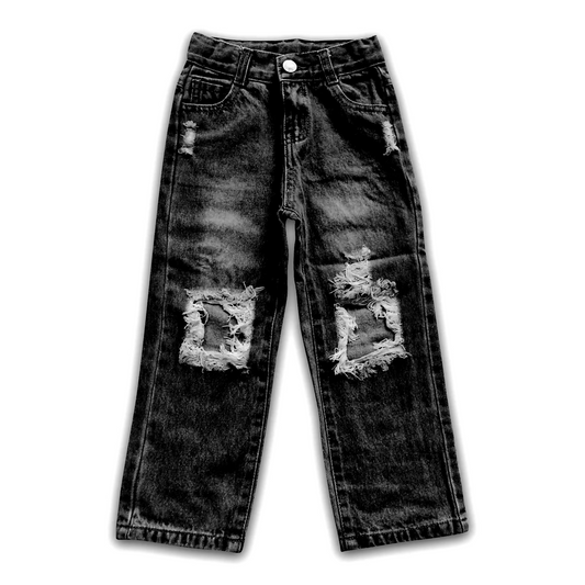 (Pre-order)P0753   Black Denim Hole Bottom Jeans Kids Pants