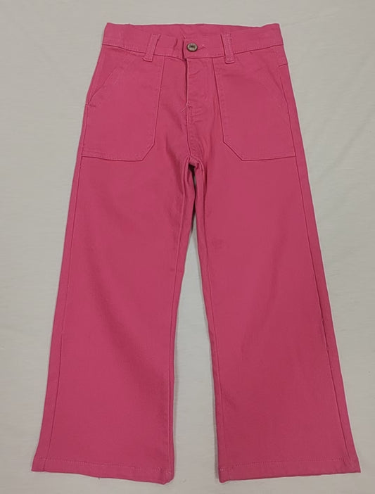 (Pre-order)P0760   Hot Pink Denim Pockets Straight Bottom Jeans Kids Pants