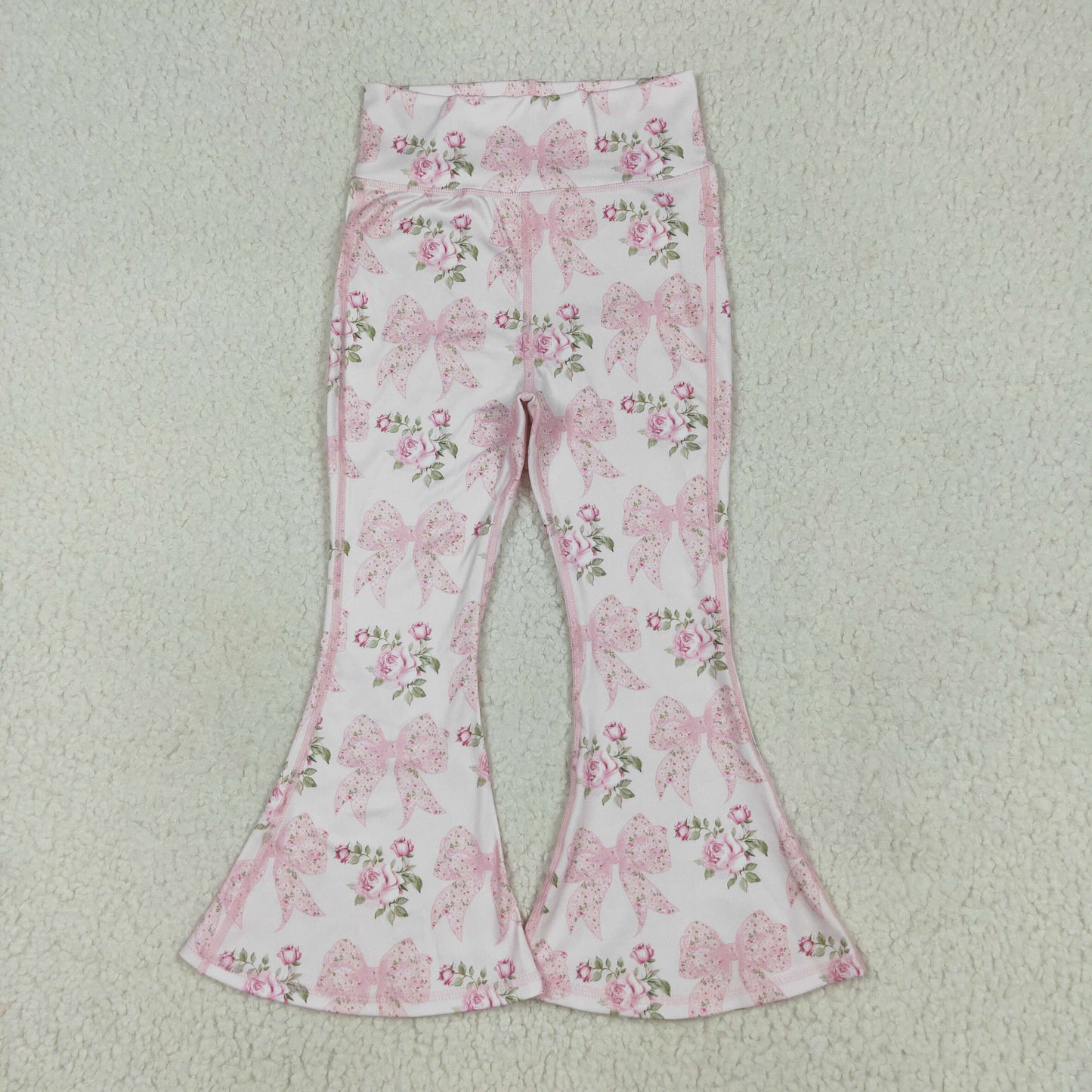P0768 Flowers Bows Pink Girls Yoga Bell Bottom Pants