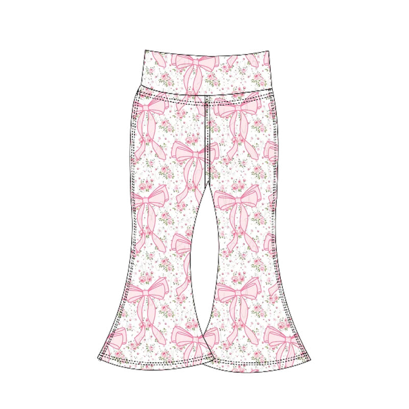 (Pre-order)P0773 Pink Flowers Bows Girls Yoga Bell Bottom Pants