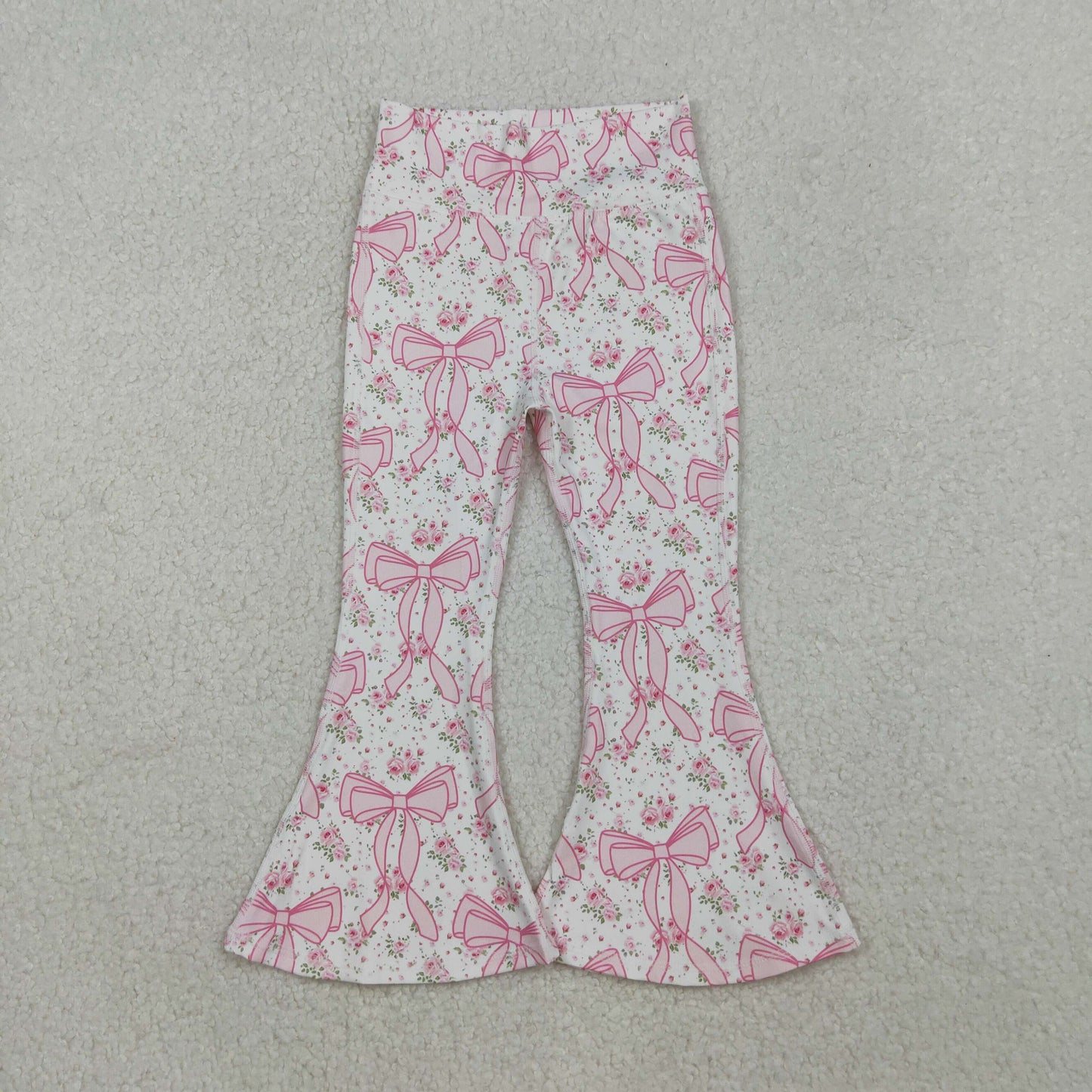 P0773 Pink Flowers Bows Girls Yoga Bell Bottom Pants