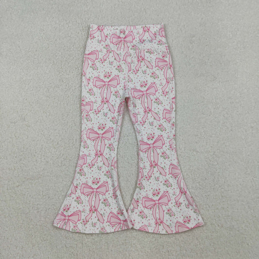 P0773 Pink Flowers Bows Girls Yoga Bell Bottom Pants