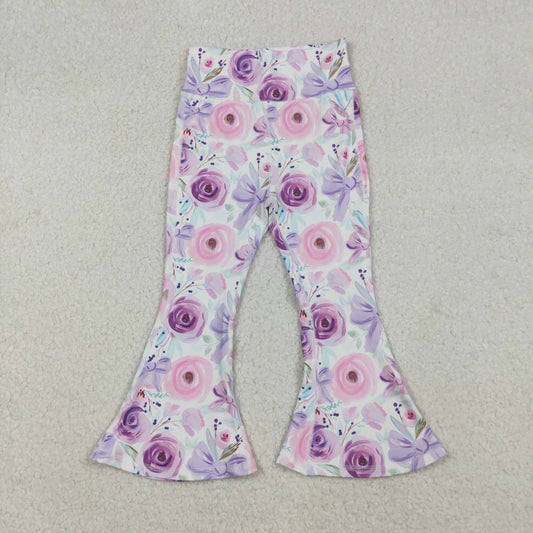 P0774 Purple Flowers Bows Girls Yoga Bell Bottom Pants