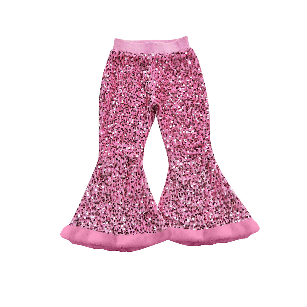 (Pre-order)P0794 Pink Sequins Girls Fur Bell Bottom Pants