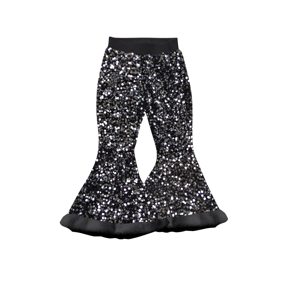 (Pre-order)P0799 Black Sequins Girls Fur Bell Bottom Pants