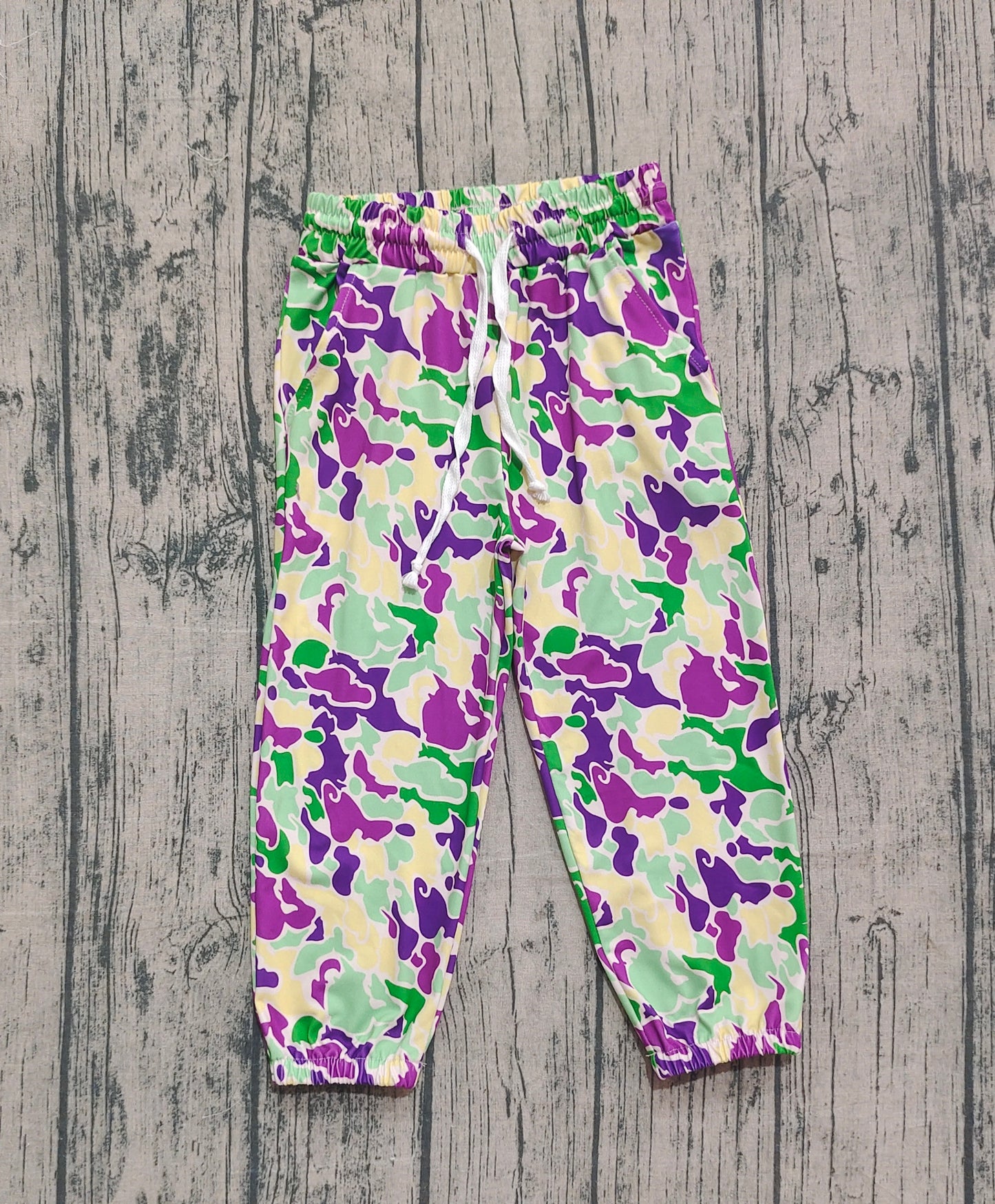 (Pre-order)P0838 Purple Green Camo Print Kids Joggers Mardi Gras Pants