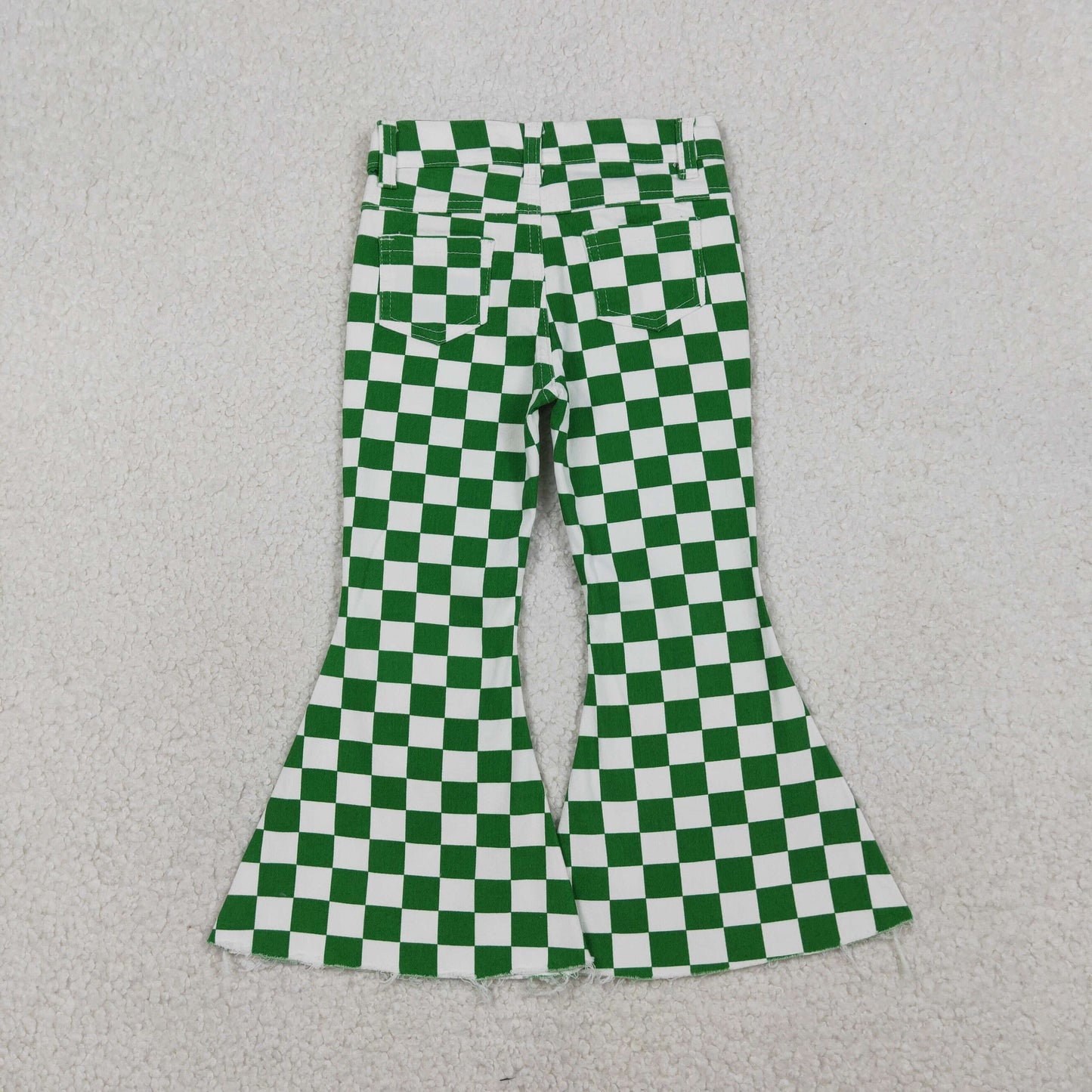P0841 Green Plaid Denim Bell Bottom Jeans Girls Pants