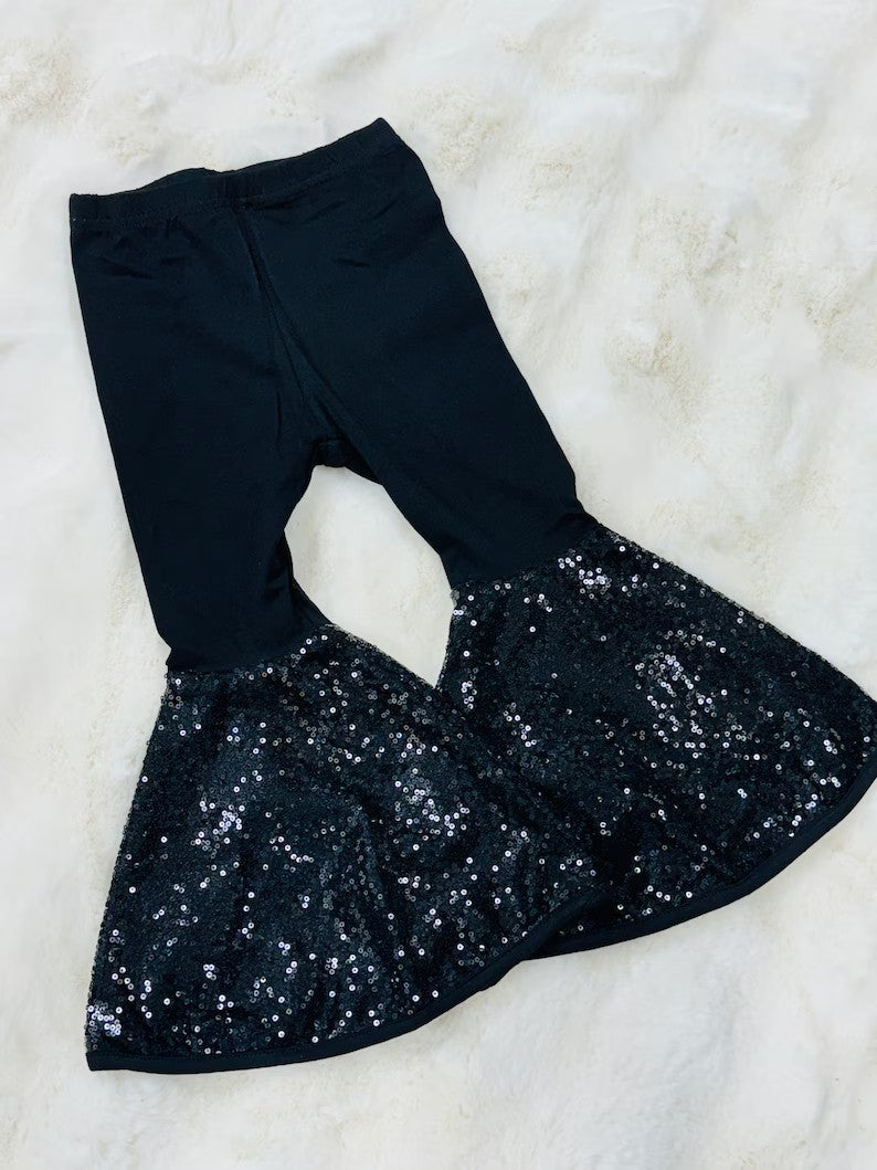 (Pre-order)P0850 Black Sequin Girls Bell Bottom Pants