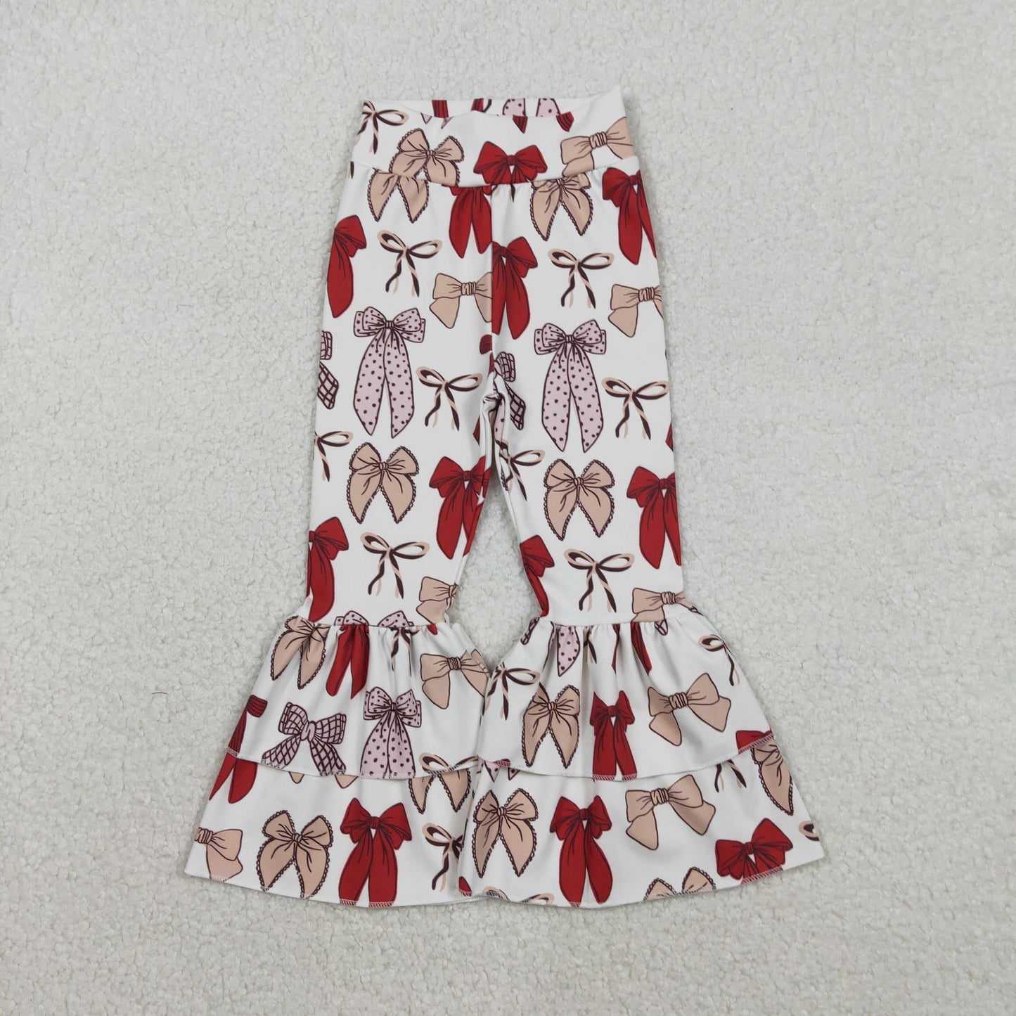 P0885 Brown Bows Print Girls Bell Bottom Yoga Pants