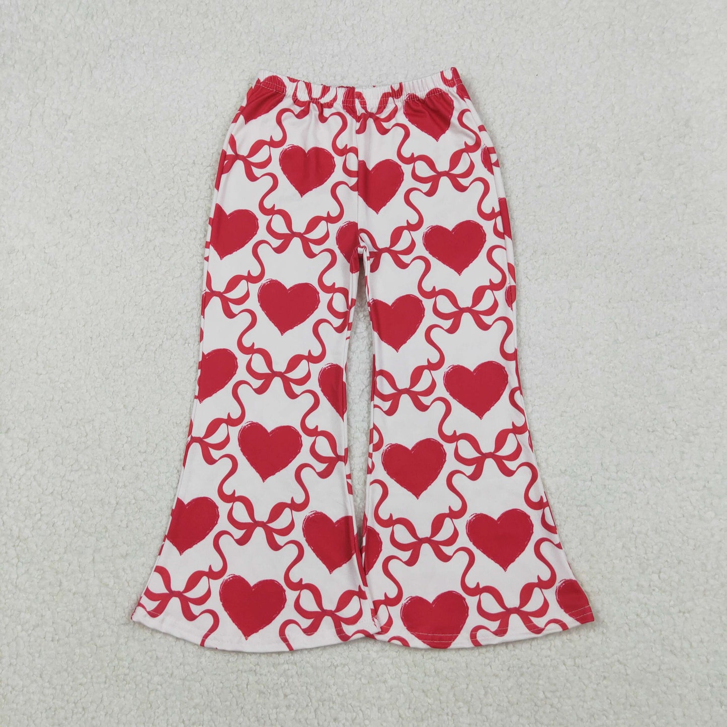 P0895 Heart Bows Red Print Girls Valentine's Day Bell Bottom Pants