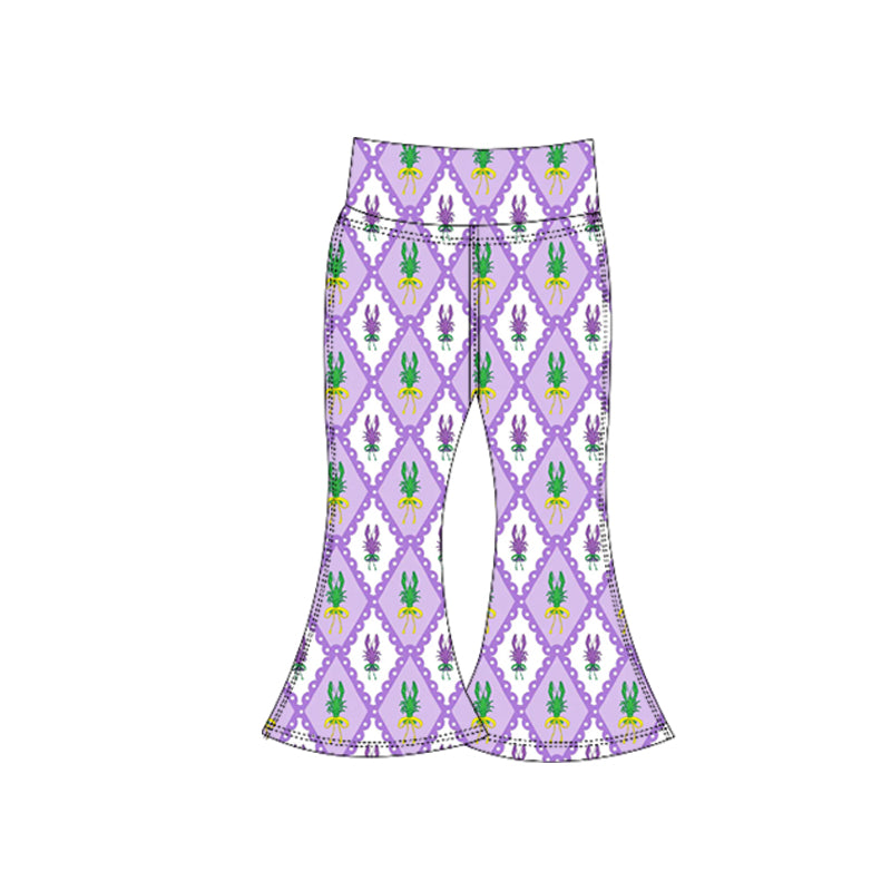 (Pre-order)P0936 Crayfish Bows Print Girls Mardi Gras Yoga Bell Bottom Pants