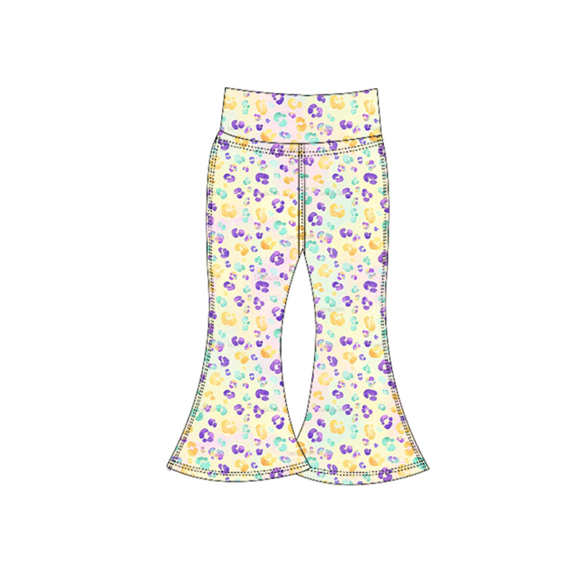 (Pre-order)P0937 Colorful Leopard Print Girls Mardi Gras Yoga Bell Bottom Pants