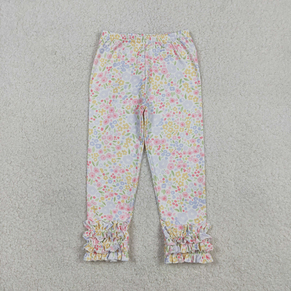 Bow Embroidery Top Colorful Flowers Pants Girls Clothes Set Sisters Wear