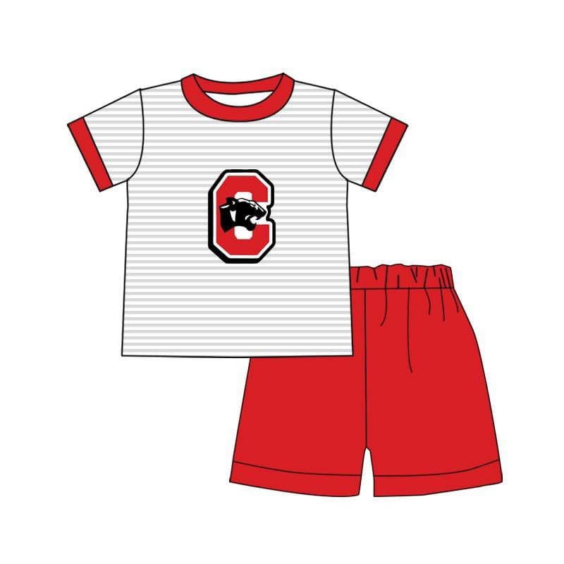 (Custom Design Preorder MOQ 5) Team's C PANTHERS Stripes Top Red Shorts Boys Summer Clothes Set
