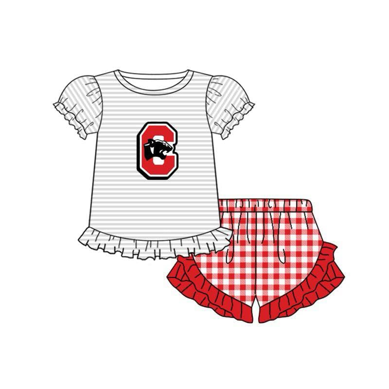 (Custom Design Preorder MOQ 5) Team's C PANTHERS Stripes Top Red Plaid Shorts Girls Summer Clothes Set