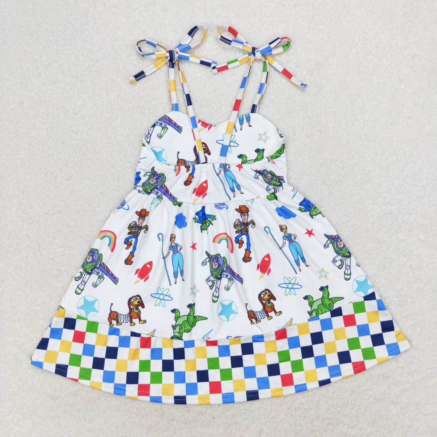 GSD1350 Cartoon Toys Print Girls Knee Length Strap Dress