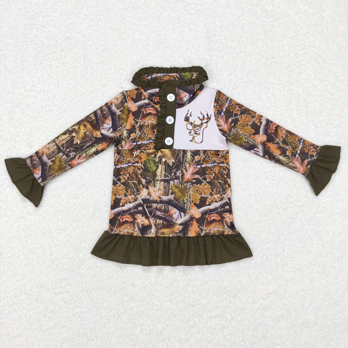 GT0311 Green Camo Deer Print Girls Go Hunting Pullover Buttons Tee Shirt Top