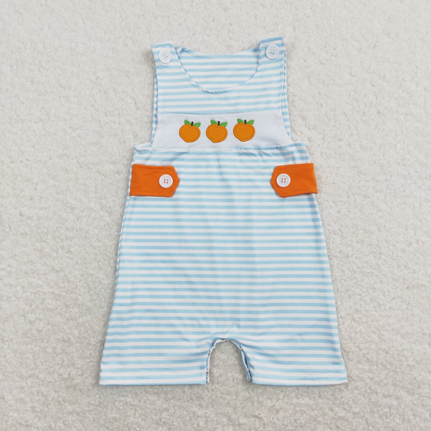 SR0738 Peach Embroidery Blue Stripes Print Baby Boys Summer Romper