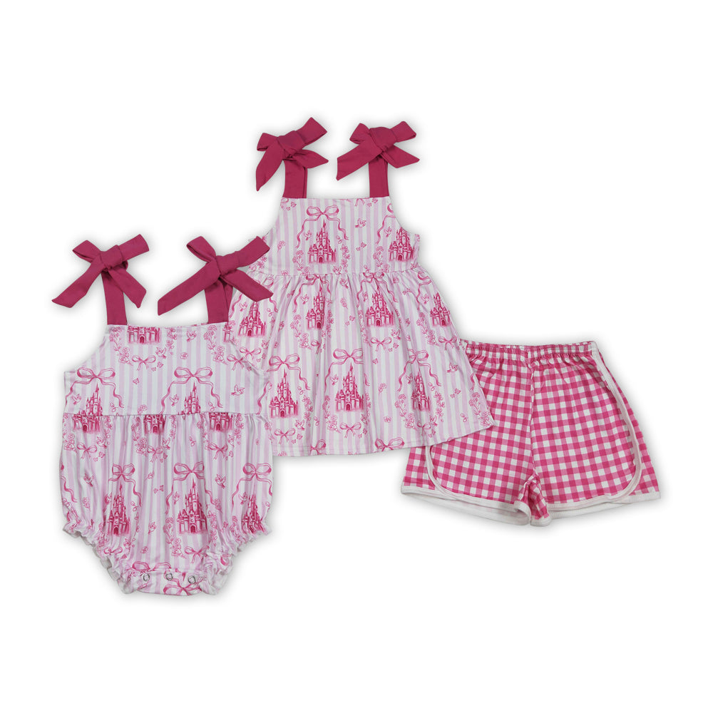 Pink Castle Bows Print Girls Summer Matching Clothes Sisters Wear