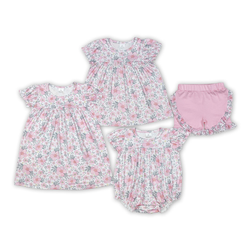 Pink Flowers Print Sisters Summer Matching Clothes