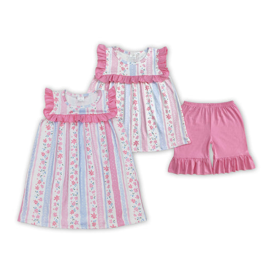 Pink Flowers Stripes Sisters Summer Clothes