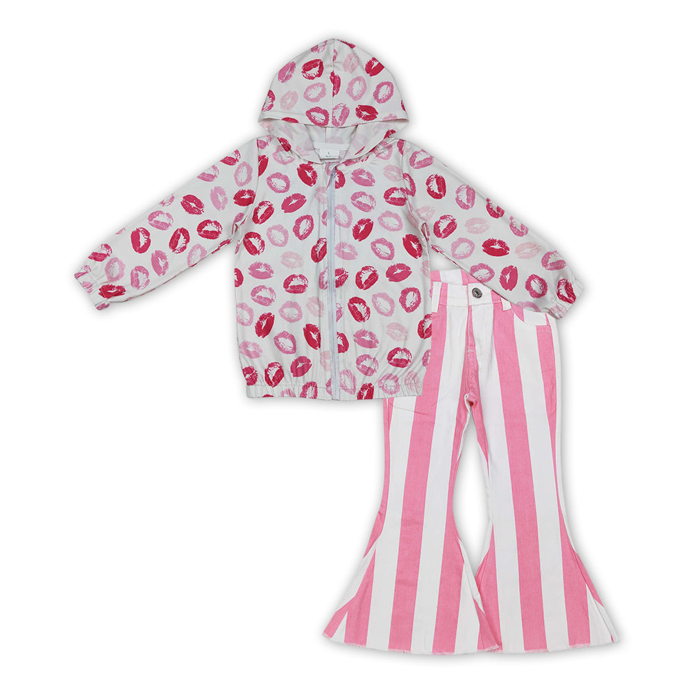 Pink Kiss Top Pink Stripes Bell Jeans Girls Valentine's Day Clothes Set