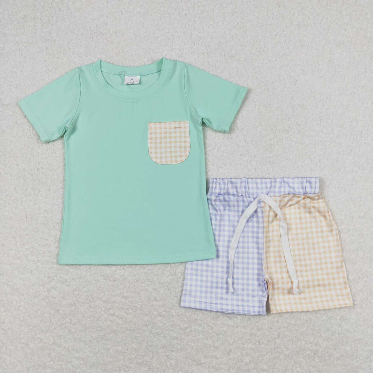 BSSO0680 Green Pocket Top Plaid Shorts Boys Summer Clothes Set