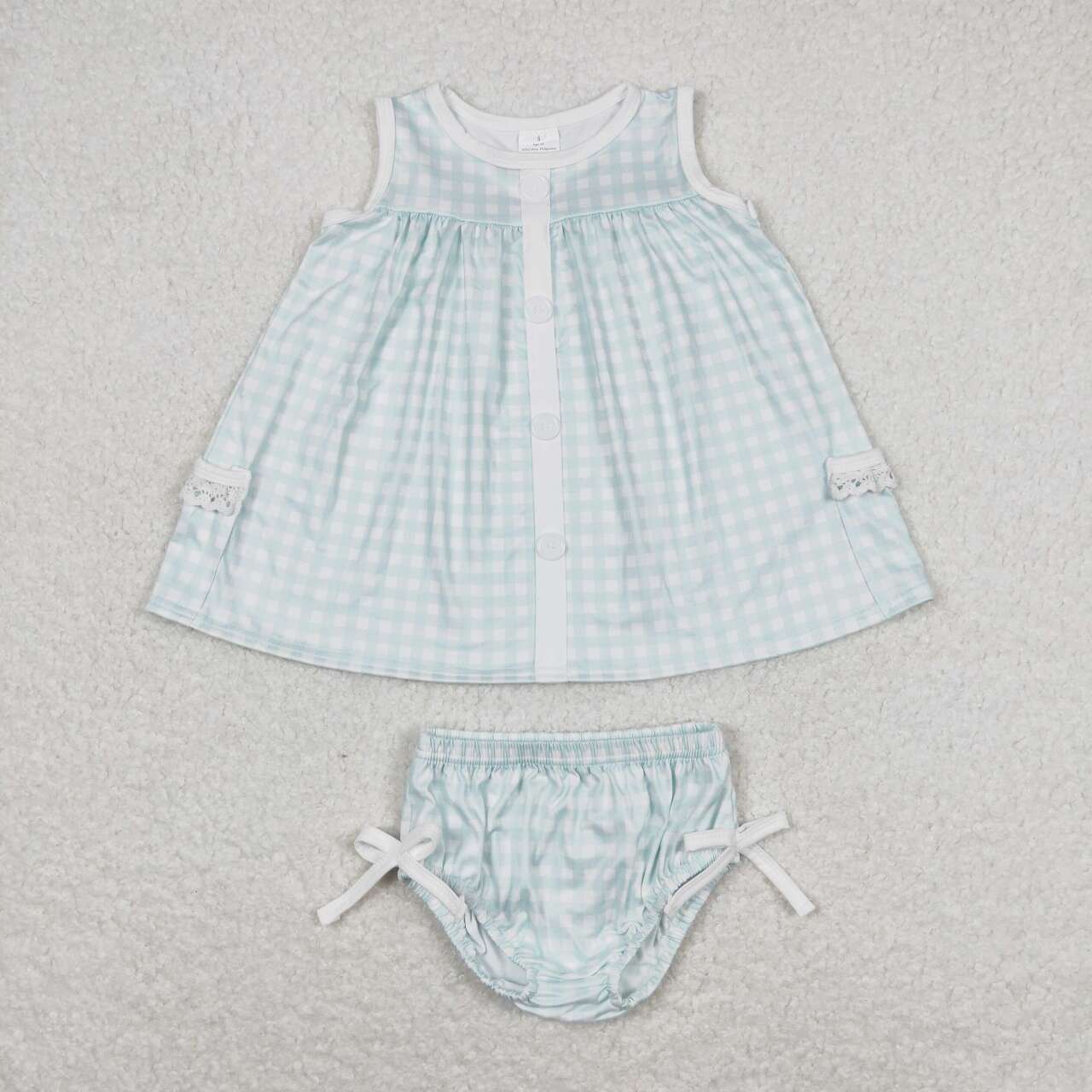 GBO0259 Light Blue Plaid Baby Girls Summer Bummie Set