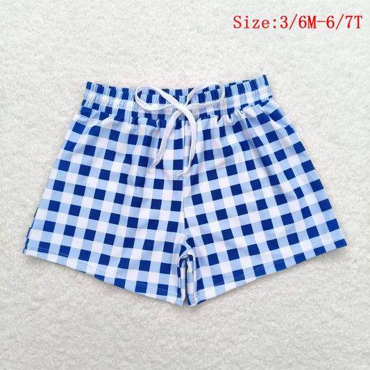 S0232 Blue Plaid Print Boys Swim Trunks