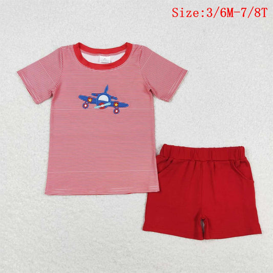 BSSO0995 Plane Embroidery Red Stripes Top Red Shorts Boys Summer Clothes Set