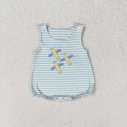 SR1228 Plane Embroidery Blue Stripes Baby Boys Summer Romper